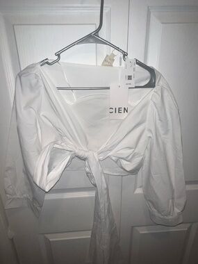 C/MEO Collective White Tie-Front Puff Sleeve Crop Top